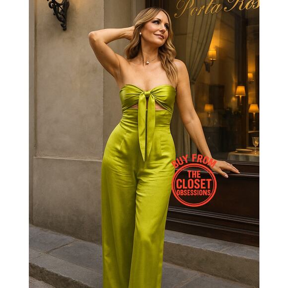 💚 ZARA Strapless Wide-Leg Jumpsuit NWT | Bow Detail Cutout Green M - Picture 3 of 16